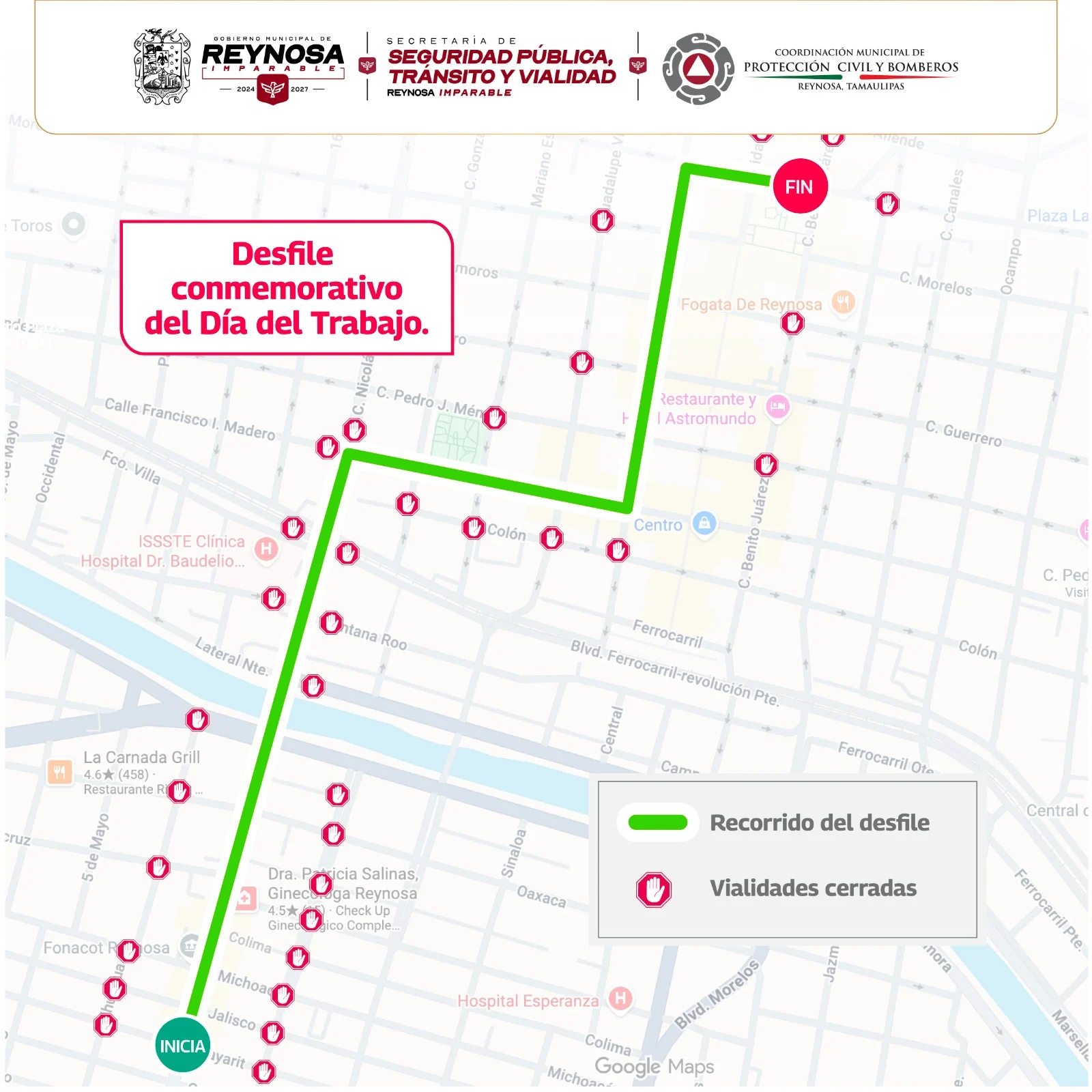 Anuncian cierres viales por desfile del Día del Trabajo en Reynosa
