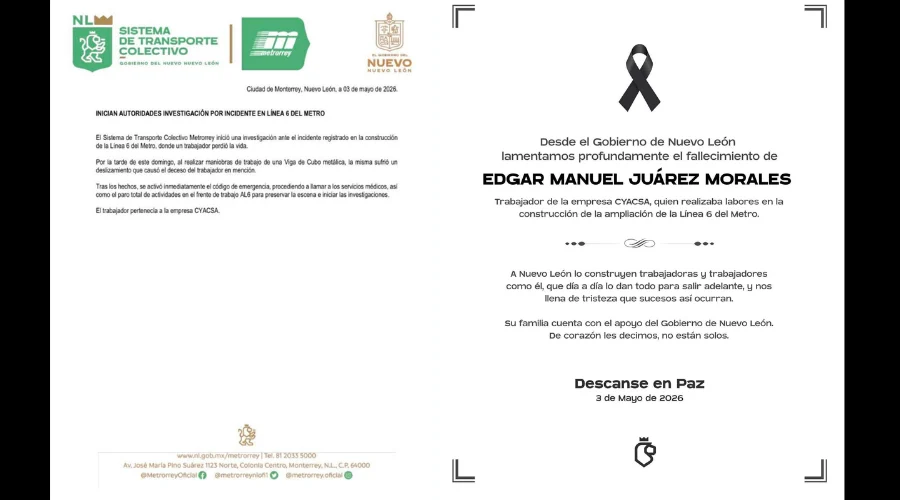 Autoridades estatales confirmaron el fallecimiento de un trabajador tras un accidente registrado en la construcción de la Línea 6 del Metro, en el municipio de Apodaca.