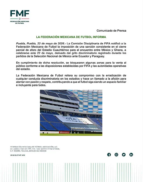 Castiga FIFA a FMF; restringen aforo en el Cuauhtémoc (VIDEO) 1 CARTA FMF 1a