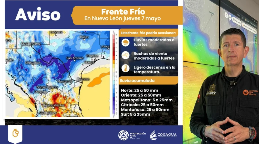 Con un ligero descenso en la temperatura y lluvias de moderadas a fuertes es como llegará el frente frío número 49 en la zona norte y oriente de Nuevo León, informó el director de Protección Civil