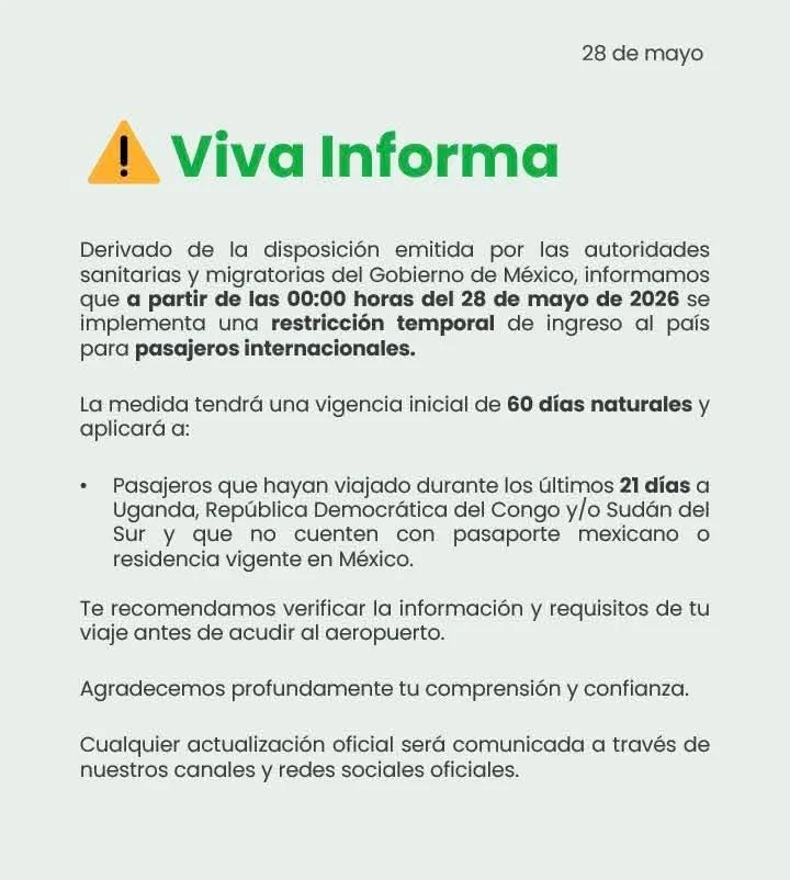 Viva Aerobús alerta sobre restricciones de ingreso a México por ébola 1 WhatsApp Image 2026 05 29 at 8.25.20 AM