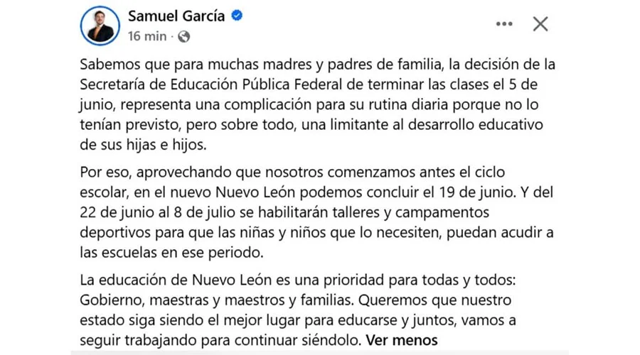 Que siempre no; fin de cursos en NL sería el 19 de junio 1 tuit samuel 1a