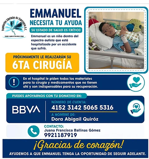 Emmanuel requiere su sexta cirugía tras accidente; solicitan apoyo 1 tabla 22b
