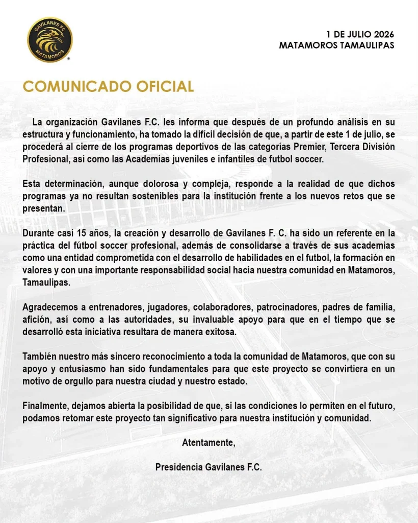 Gavilanes dice adiós: el club anuncia el cierre de sus equipos y academias 1 735034313 1033992029106078 6666381935594008585 n