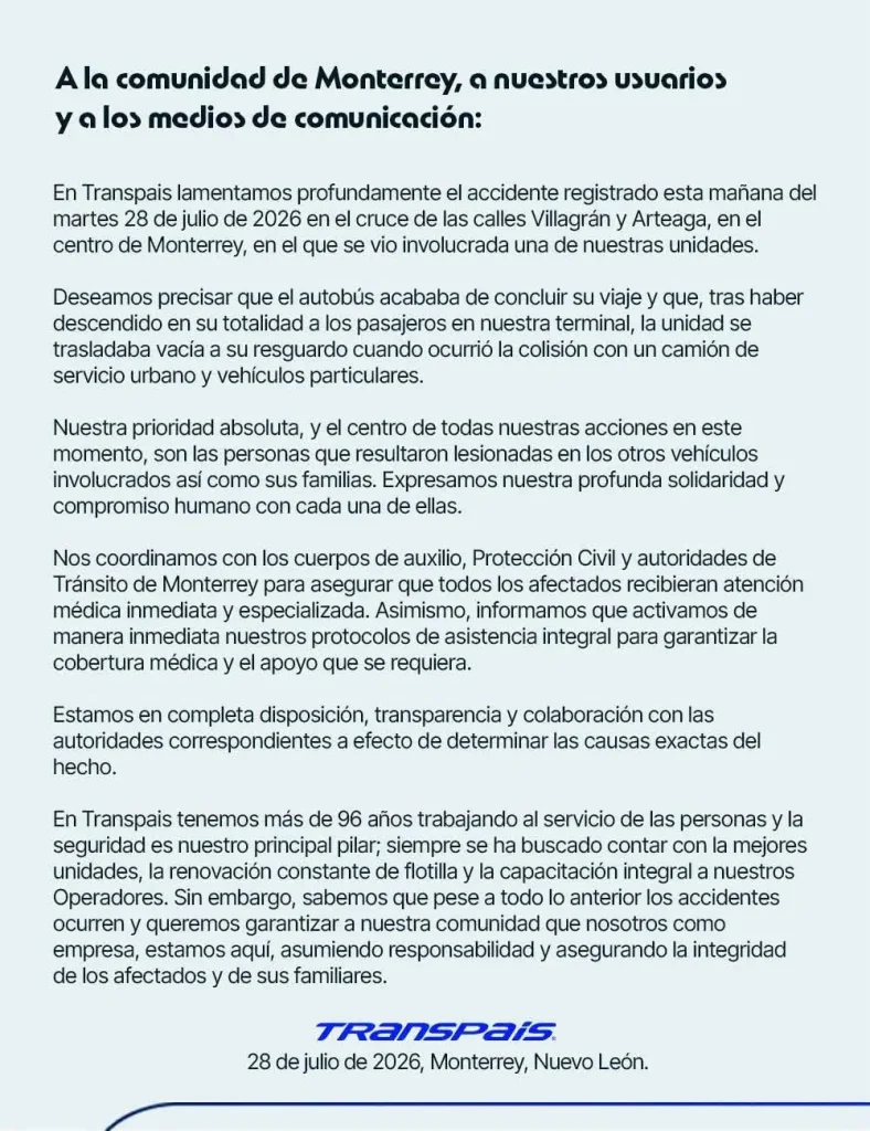 Transpaís se pronuncia tras accidente ocurrido en el Centro de Monterrey 1 758216473 1726990055116008 6787244579320126150 n