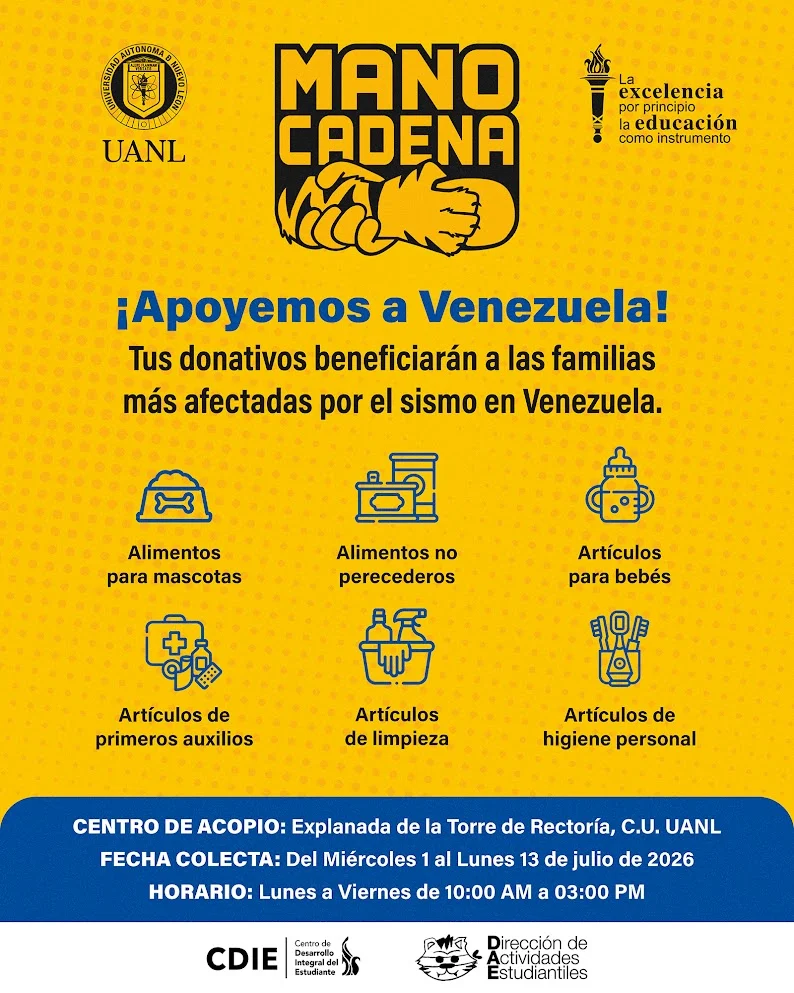 UANL instala centro de acopio para afectados por sismo en Venezuela 1 Mano Cadena por Venezuela op 2.jpg