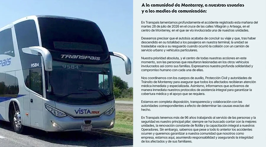 accidente-de-transpais-monterrey Transpaís emitió un posicionamiento tras el choque registrado en el Centro de Monterrey, asegurando atención a los lesionados y apoyo a las autoridades.