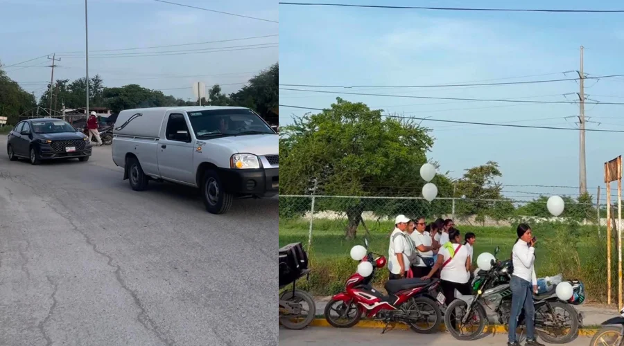 traslado-del-cuerpo-de-dafne Caravana de ciudadanos y familiares recibiendo el cuerpo de Dafne en El Mante con globos blancos.