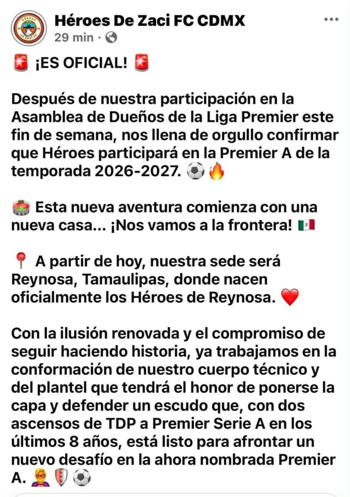 Héroes de Zaci confirma llegada a Reynosa; competirá en Liga Premier 1 COMUNICADO 11