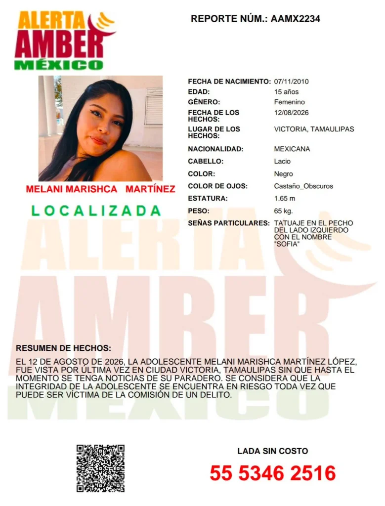 Localizan adolescente reportada mediante Alerta AMBER en Tamaulipas 1 Desactivación de ficha de búsqueda tras la Alerta AMBER de adolescente en Tamaulipas