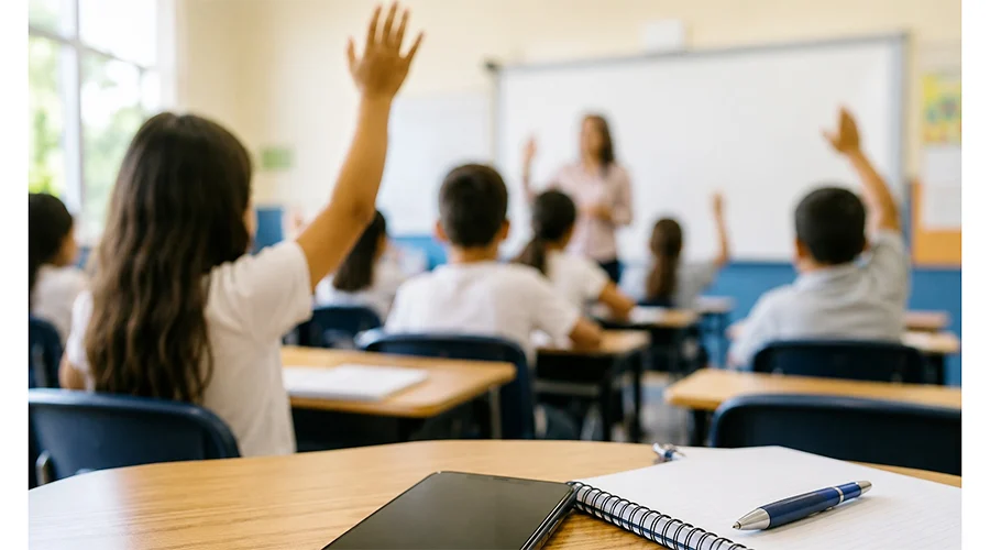 uso-de-celulares-aulas Estudiantes en un aula escolar participando en la discusión sobre el uso de celulares en Tamaulipas.