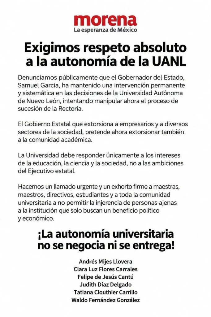 Morena exige a Samuel García respetar la autonomía de la UANL 1 802455314 1608430487734296 1936732018444203364 n