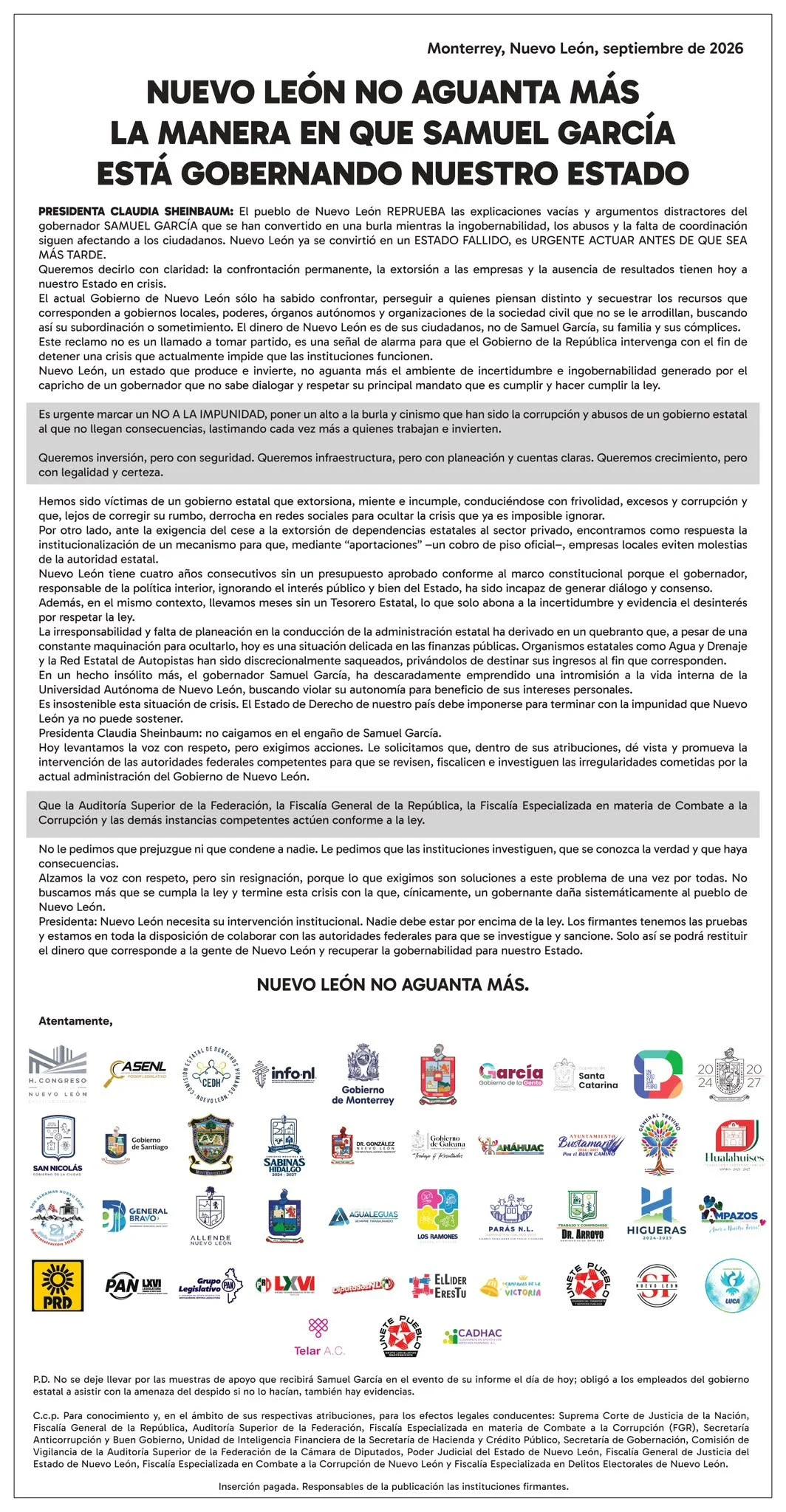despachado-contra-samuel-garcia-nuevo-leon Organismos y municipios piden a Sheinbaum intervenir contra Samuel García por presunta extorsión, corrupción e ingobernabilidad en Nuevo León.