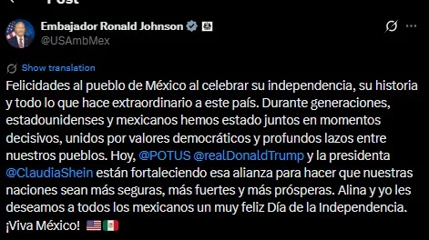 mensaje-embajador-independencia Embajador Johnson felicita a México por el Día de la Independencia.