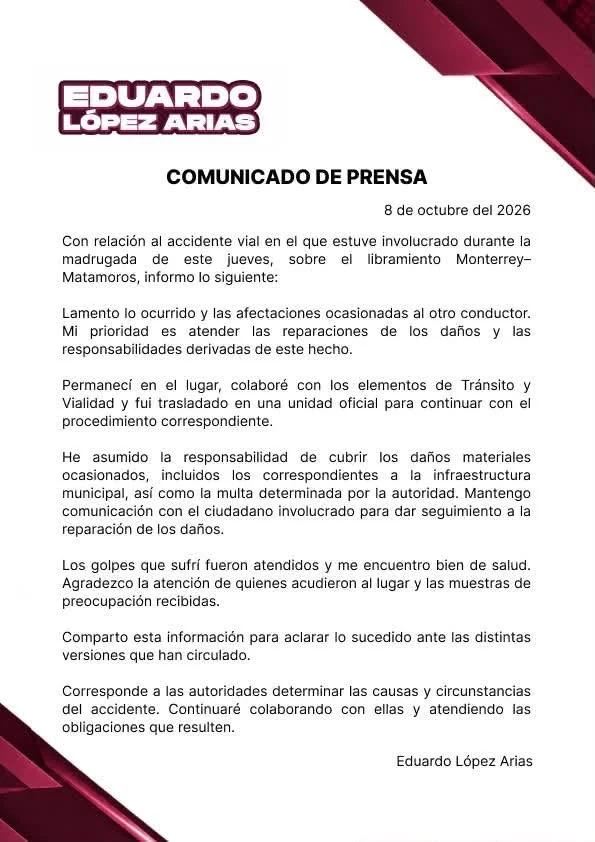 Asume Eduardo López Arias responsabilidad por choque en el libramiento Monterrey-Matamoros 1 841098653 2898780497188122 1116112689580220206 n