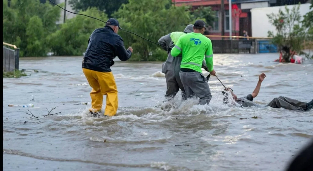 Recolectores de Red Ambiental rescatan a automovilista varado por la lluvia en Monterrey 1 Personal de Red Ambiental auxiliando a un automovilista atrapado por la corriente en Monterrey.