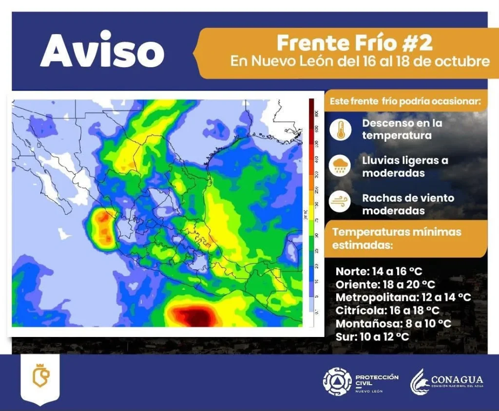 Prevén lluvias y descenso de temperatura por frente frío en Nuevo León 2 Pronóstico de lluvias y descenso de temperatura por la llegada de un frente frío en Nuevo León.