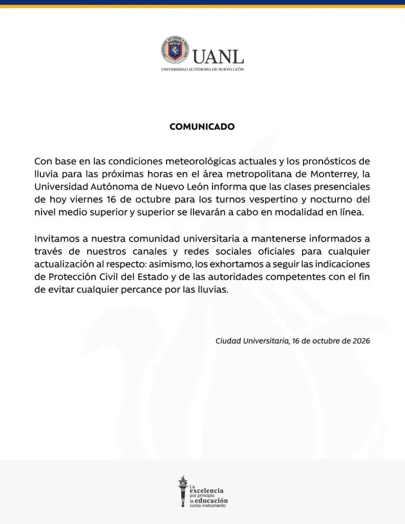 UANL cambia a clases en línea por lluvias en Monterrey 2 851040423 2216815268875313 4279736458721764202 n