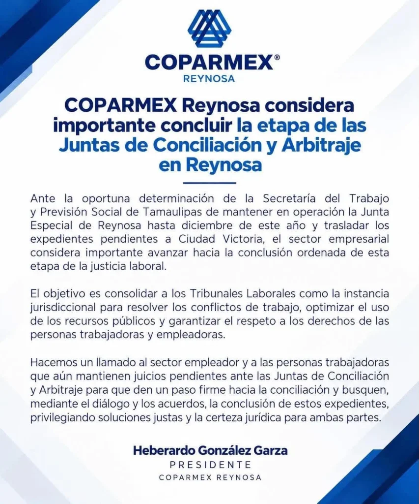 Coparmex Reynosa pide concluir etapa de las Juntas de Conciliación y Arbitraje 2 Directivos de Coparmex Reynosa en reunión sobre justicia laboral y juntas de conciliación.