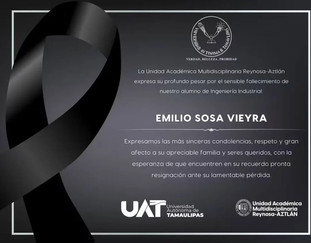 UAT Reynosa-Aztlán lamenta fallecimiento de estudiante de Ingeniería Industrial 1 Instalaciones de la UAT tras el reporte donde lamentan el fallecimiento de estudiante en Reynosa.
