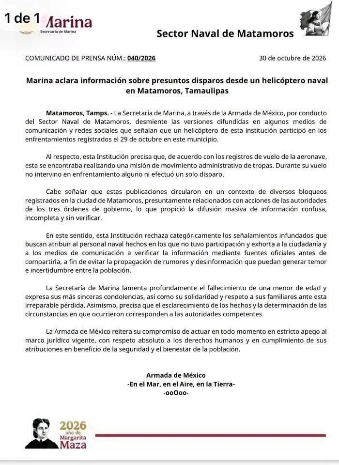 Marina niega relación en muerte de menor en Matamoros 2 Instalaciones y personal de la Marina en Matamoros tras aclarar los hechos recientes.