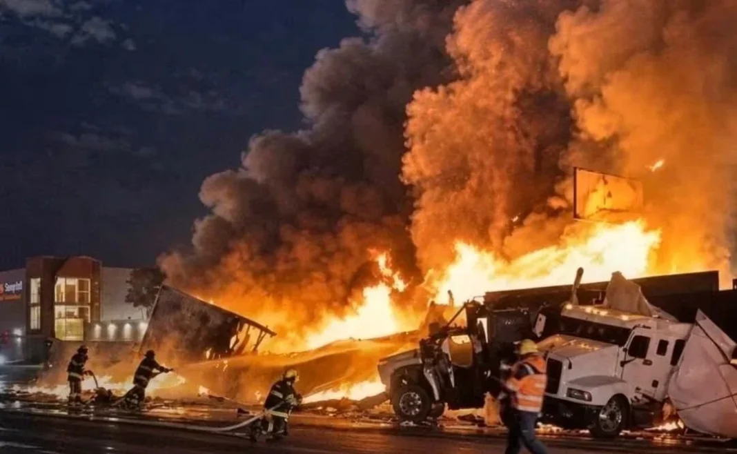 bloqueo-en-la-toluca-mexico-accidente-trailer Un trailer incendiado durante el bloqueo en la Toluca-Mexico.