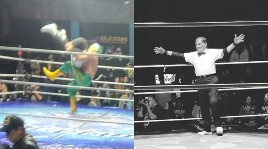 hijo-de-fishman-martinete-referi El luchador Hijo de Fishman en el cuadrilátero durante una función de lucha libre