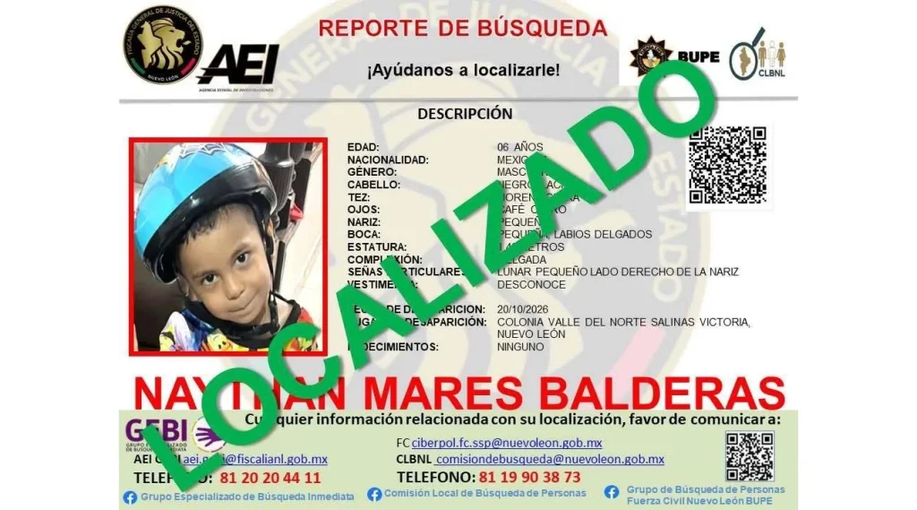 Localizan a niño de 6 años desaparecido en Salinas Victoria 1 Operativo de búsqueda en el que localizan a niño en Salinas Victoria.