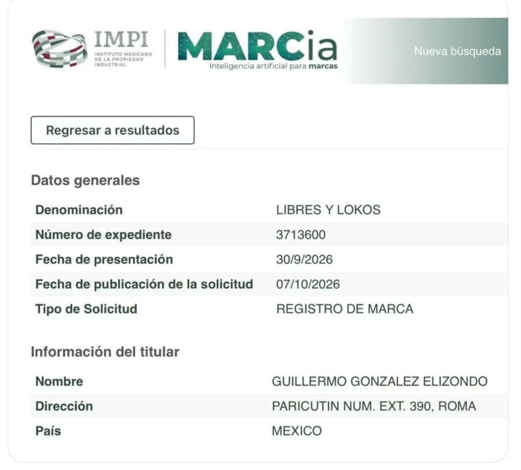 Registra Willie González marca Libres y Lokos; líder lo niega 5 Solicitud de registro de la marca Libres y Lokos ante las autoridades correspondientes.